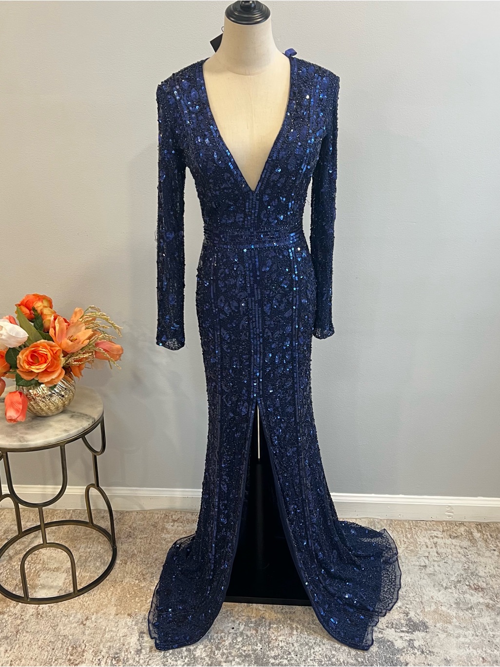 Mac Duggal Midnight Blue Embellished Front Slit Long Sleeve Evening Gown Reemoly